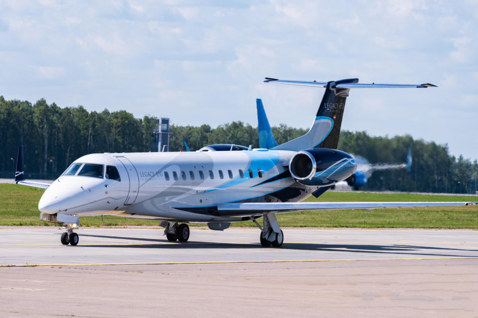 July 2, 2019, Moscow, Russia. Airplane Embraer ERJ-135 Avcon Jet at Vnukovo airport in Moscow.