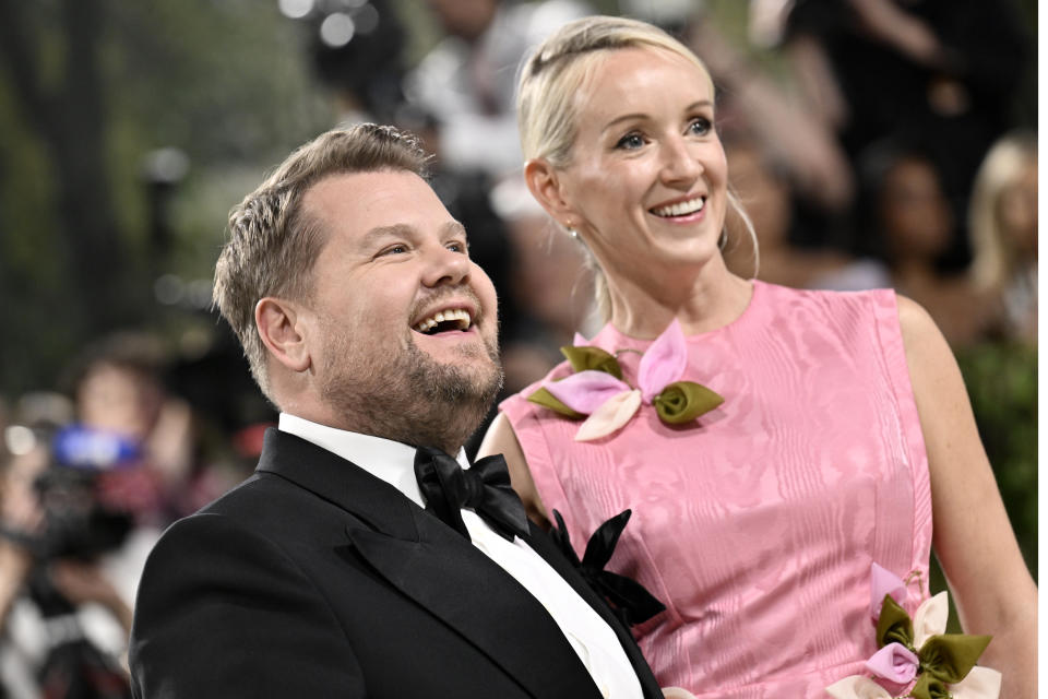 James Corden, left, and Julia Carey attend The Metropolitan Museum of Art's Costume Institute benefit gala celebrating the opening of the "Sleeping Beauties: Reawakening Fashion" exhibition on Monday, May 6, 2024, in New York. (Photo by Evan Agostini/Invision/AP)