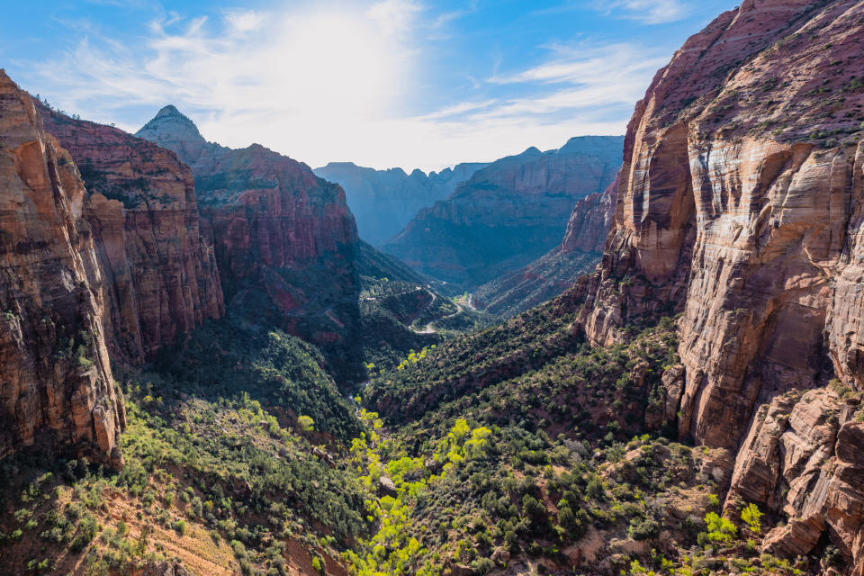 Aerial view overlooking the Zion National Park at the Canyon Overlook.