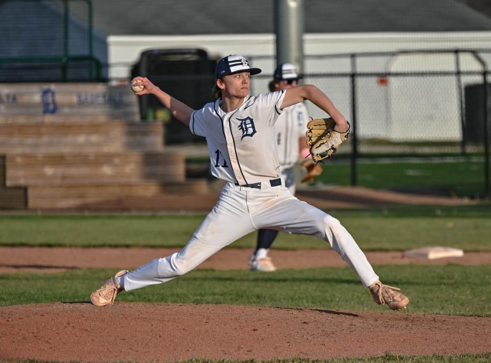 Delta baseball's Zane Cline pitching in the team's home game against Alexandria on Monday, April 10, 2023.