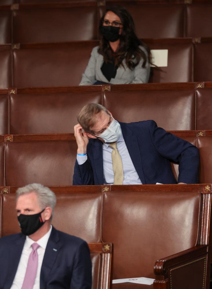 Kevin McCarthy, Jordan and Lauren Boebert listen to Joe Biden’s address to Congress, in April.