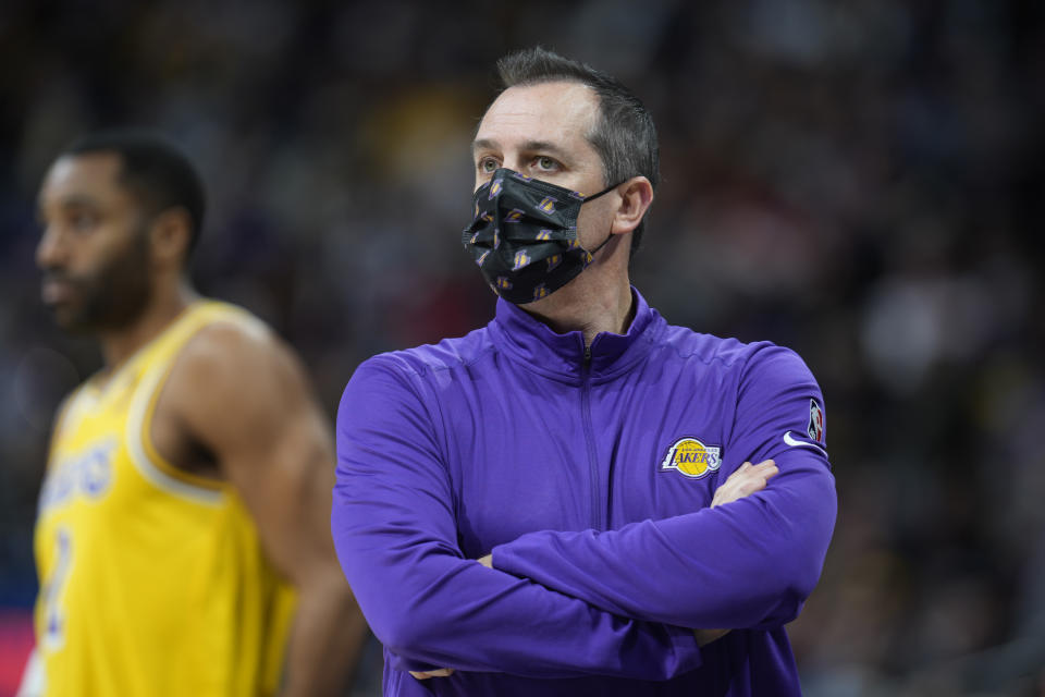 Los Angeles Lakers head coach Frank Vogel looks on in the second half of an NBA basketball game against the Denver Nuggets Saturday Jan. 15, 2022, in Denver. The Nuggets won 133-96. (AP Photo/David Zalubowski)