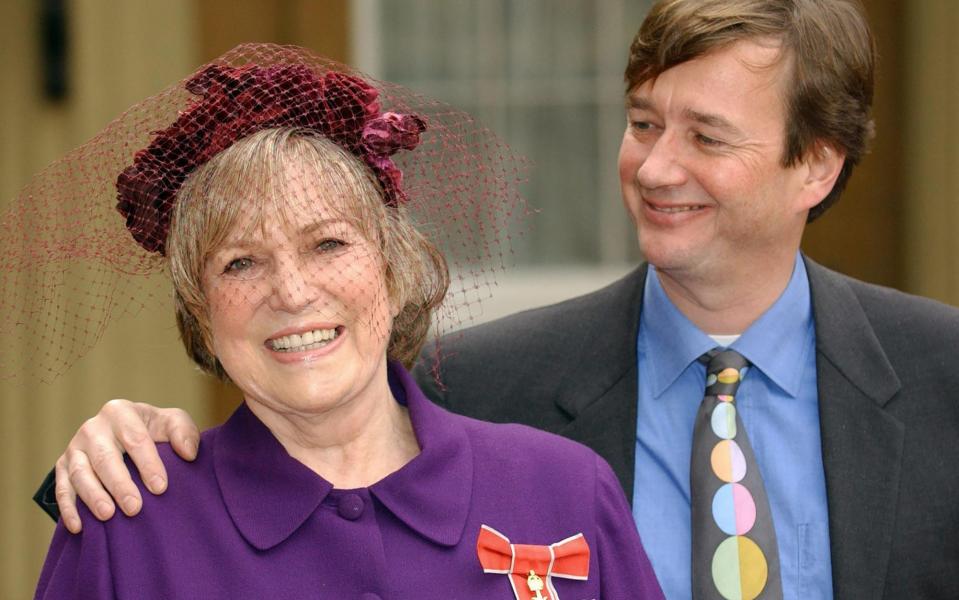 Shirley Conran with her son Sebastian after receiving an OBE for services to equal opportunities from the Prince of Wales