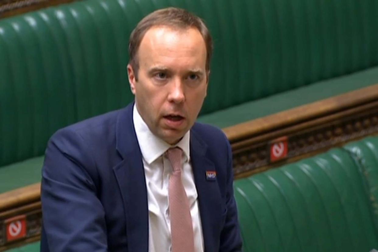 Health Secretary Matt Hancock making a ministerial statement to update the House of Commons: PRU/AFP via Getty Images