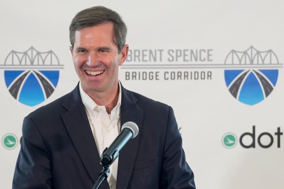 Kentucky Gov. Andy Beshear speaks during a press conference to announce updates on the Brent Spence Bridge Corridor project at Devou Park in Covington, Ky., on Thursday, July 27, 2023. Ohio Gov. Mike DeWine and Kentucky Gov. Andy Beshear announced Walsh Kokosing has been awarded the design-build contract for the $3.6 Billion Brent Spence Bridge project.