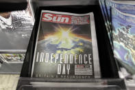 FILE - In this Thursday, June 23, 2016 file photo, the front page of the Sun newspaper reporting on the EU referendum on a news stand in Westminster, London. Five years ago, Britons voted in a referendum that was meant to bring certainty to the U.K.’s fraught relationship with its European neigbors. Voters’ decision on June 23, 2016 was narrow but clear: By 52 percent to 48 percent, they chose to leave the European Union. It took over four years to actually make the break. The former partners are still bickering, like many divorced couples, over money and trust. (AP Photo/Tim Ireland, File)