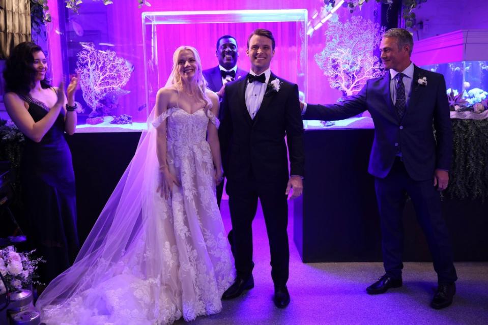 Sylvie Brett (Kara Killmer) and Matt Casey (Jesse Spencer) will get married in Killmer’s last episode on “Chicago Fire.” Adrian S Burrows Sr/NBC