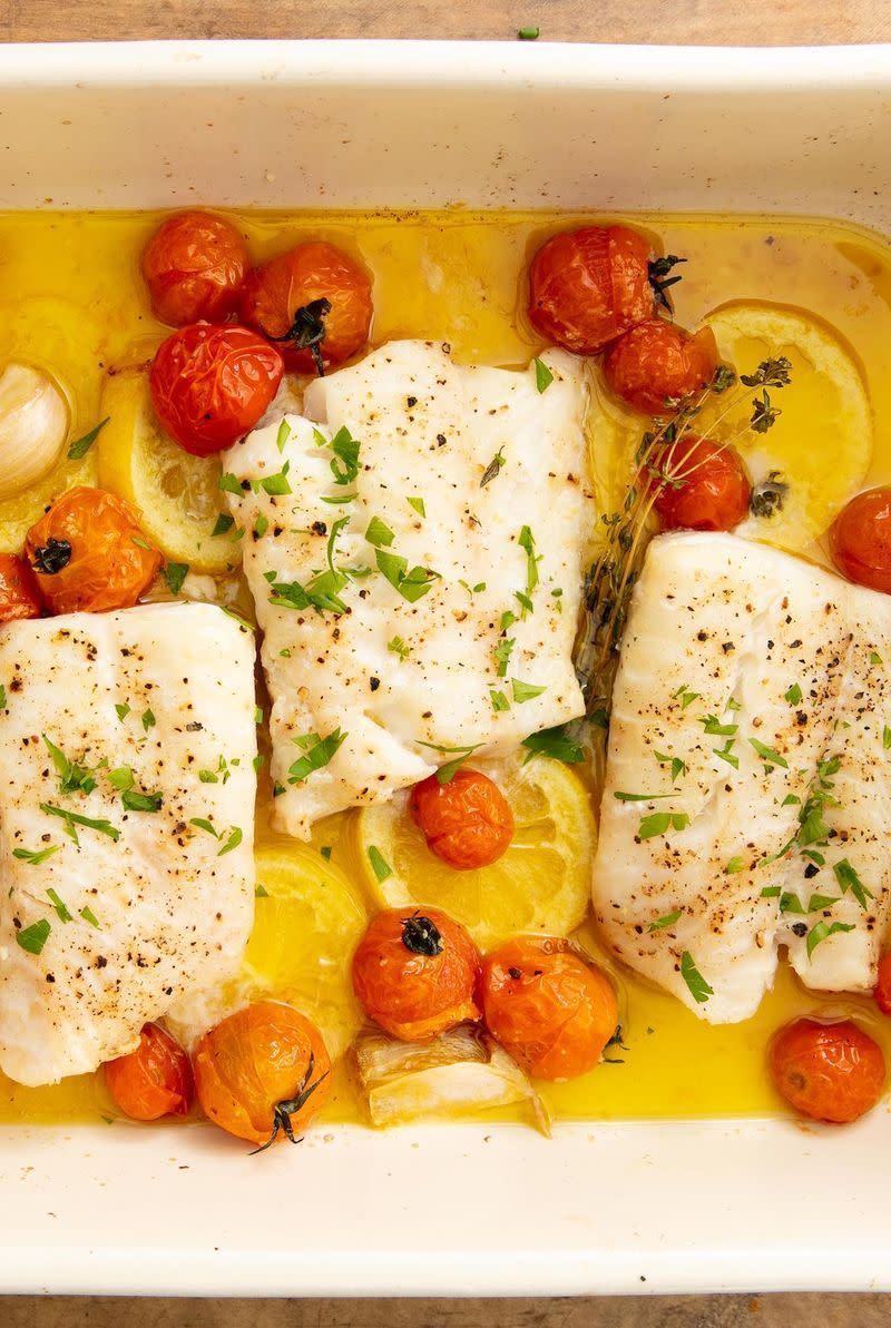 <p>If you're someone who's afraid of cooking seafood at home, cod is the fish for you. It's basically impossible to mess up: It cooks quickly, is hard to overcook (unless you really forget about it), and is easy to flavour however you want.</p><p>Get the <a href="https://www.delish.com/uk/cooking/recipes/a29733946/best-baked-cod-fish-recipe/" rel="nofollow noopener" target="_blank" data-ylk="slk:Perfect Baked Cod" class="link rapid-noclick-resp">Perfect Baked Cod</a> recipe.</p>
