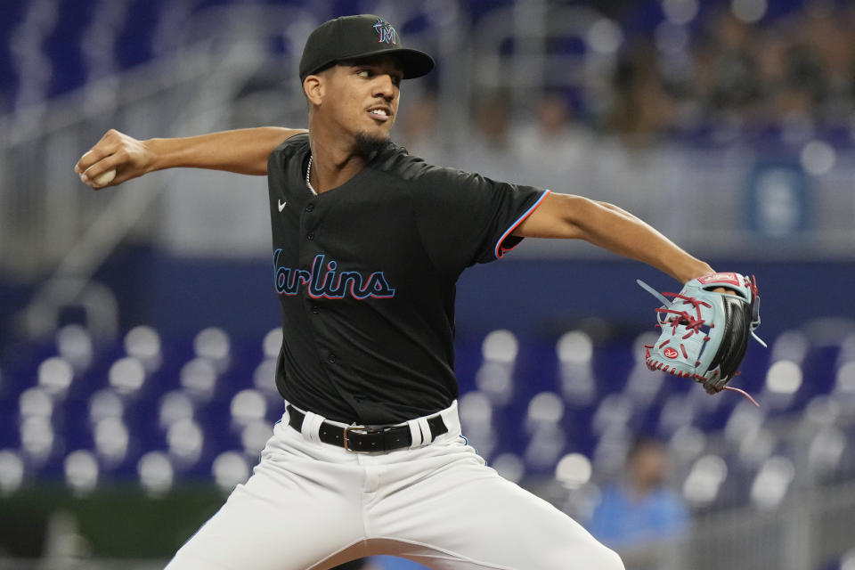 Miami Marlins starting pitcher Eury Perez aims a pitch during the first inning of a baseball game against the Washington Nationals, Thursday, May 18, 2023, in Miami. (AP Photo/Marta Lavandier)