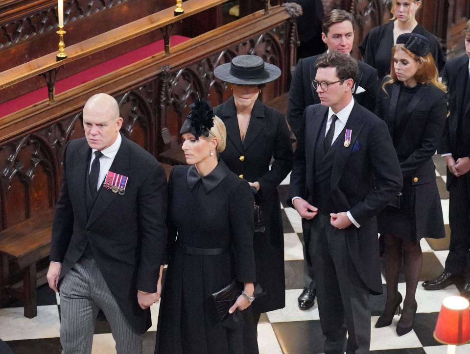 Members of the Royal family (left to right, from front) Mike Tindall and Zara Tindall, Princess Eugenie and Jack Brooksbank , Princess Beatrice and Edoardo Mapelli Mozzi, arrive at Westminster Abbey in London on Sept. 19, 2022, for the funeral of Queen Elizabeth II.