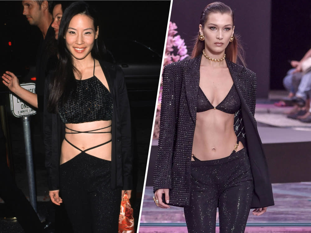 Lucy Liu (l.) setzte schon vor 20 Jahren auf den String-Look, 2020 ziehen Models wie Bella Hadid nach. (Bild: [M] imago images / Independent Photo Agency Int./ imagecollect/ Fitzroy Barrett/Globe Photos Inc.)