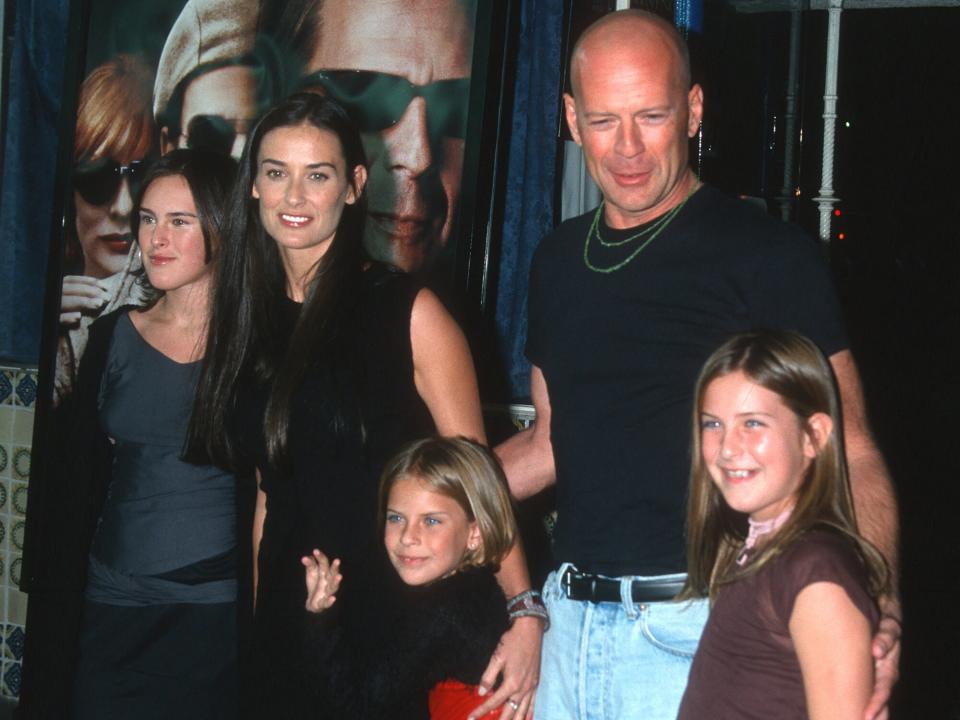 Demi Moore (second left) and Bruce Willis (second right), and their children, from left, Rumer Willis, Tallulah Belle Willis, and Scout Willis, attend the world premiere of 'Bandits' at Mann Village Theater, Westwood, California, October 4, 2001