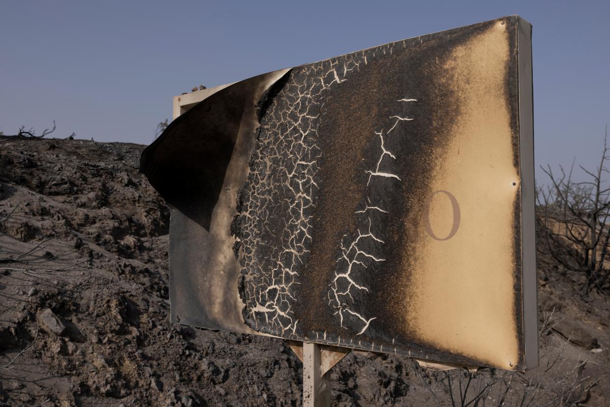 A burnt hotel sign on July 27, 2023 in Gennadi, Rhodes, Greece. (Getty Images)