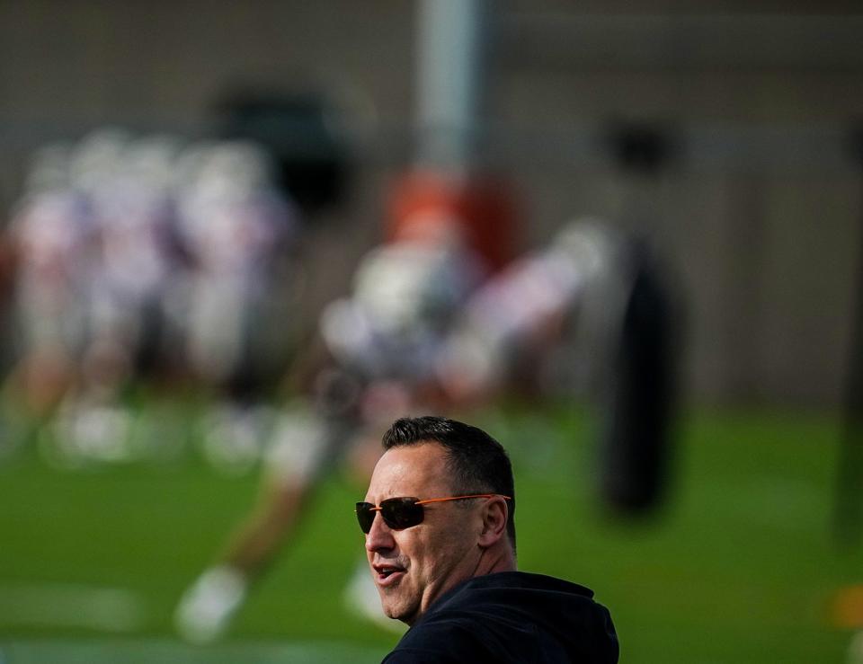 Steve Sarkisian looks on during spring practice at the Denius practice fields in March. The Texas coach said he's focused this spring on merging talent and culture. "Culture and talent together, that's really dangerous," he said. The spring game is April 20.