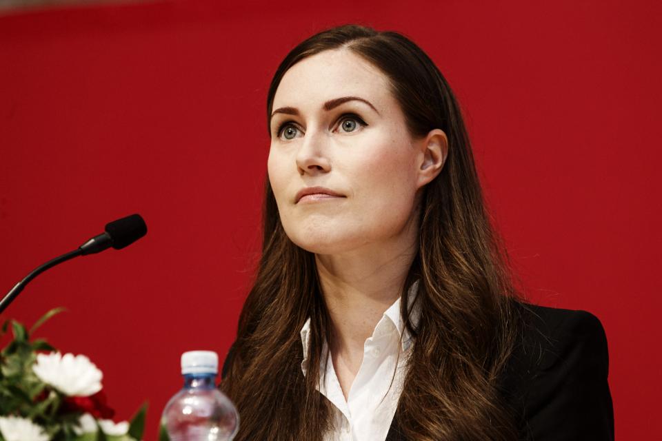 Finnish Prime Minister and newly elected Chair of The Social Democratic Party (SDP) of Finland, Sanna Marin speaks at the 46th Social Democratic convention in Tampere, Finland, on Sunday Aug. 23, 2020. (Roni Rekomaa/Lehtikuva via AP)