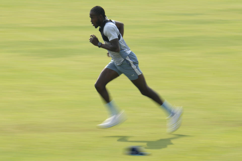 England's Jofra Archer runs to bowl during a training session ahead of the first one day international cricket match between Bangladesh and England in Dhaka, Bangladesh, Tuesday, Feb. 28, 2023. (AP Photo/Aijaz Rahi)