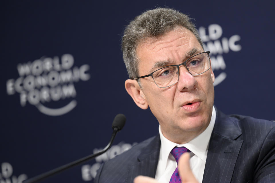 Albert Bourla, Chief Executive Officer, Pfizer, speaks at a Press Conference on Pfizer and Partners Announce Accord for a Healthier World at the 51st annual meeting of the World Economic Forum, WEF, in Davos, Switzerland, Wednesday, May 25, 2022. (Gian Ehrenzeller/Keystone via AP)