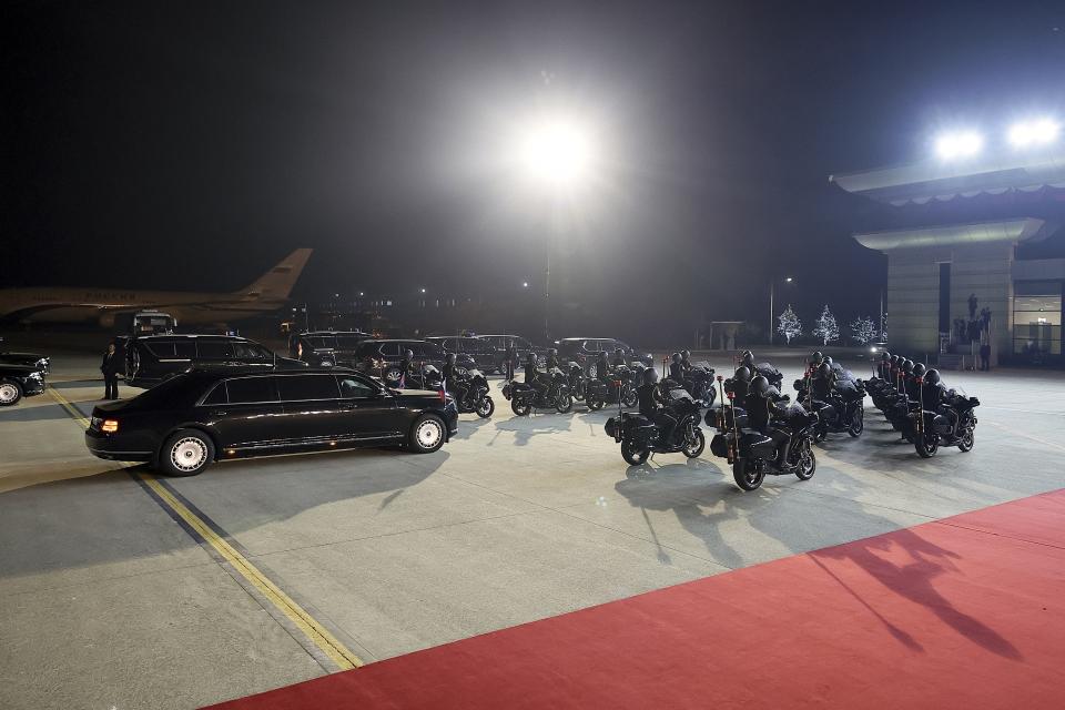 A motorcade with Russian President Vladimir Putin and North Korea's leader Kim Jong Un leave the Pyongyang Sunan International Airport outside Pyongyang, North Korea, on Tuesday, June 18, 2024. (Vladimir Smirnov, Sputnik, Kremlin Pool Photo via AP)