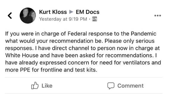 Screenshot of one of Dr. Kurt Kloss's Facebook posts. (Screen Shot/Facebook EM  Docs)