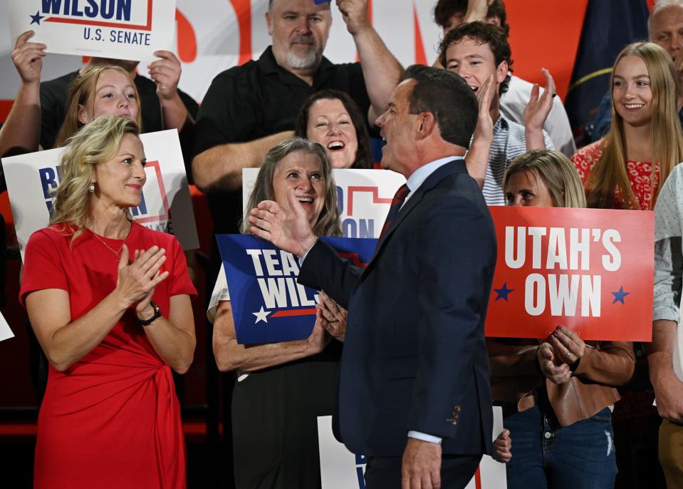 Jeni Wilson, wife of Utah House Speaker Brad Wilson, applauds with other supporters as he announces his candidacy for U.S. Senate at a kickoff party in Draper on Wednesday, Sept. 27, 2023. | Scott G Winterton, Deseret News