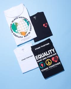 The collection features two shirts and two hoodies, with the text “BLACK HISTORY MATTERS BLACK FUTURES MATTER,” “Equality now and forever,” and “Stand together” throughout the designs.