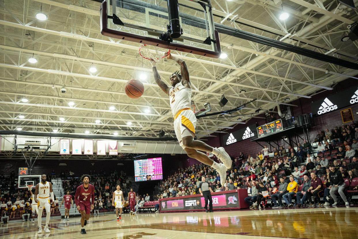 Iona's Greg Gordon throws down a dunk against Rider on Sunday, Feb. 4, 2024. Gordon had a team-high 28 points in the win on his birthday.