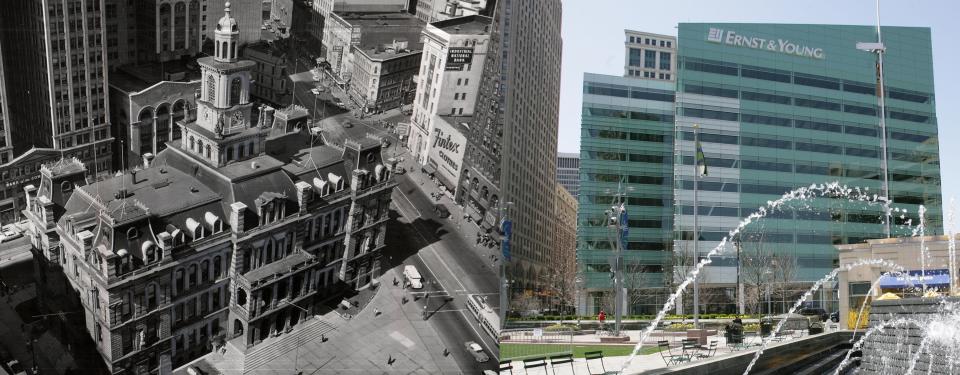 A view of Detroit's Old City Hall, which opened on Campus Martius in 1871, left and the Ernst & Young accounting firm is moving to downtown Detroit's newest office building, the One Kennedy Square in 2006.