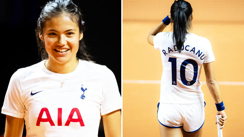 Emma Raducanu, pictured here wearing a Tottenham Hotspur kit during practice for the Stuttgart Open.