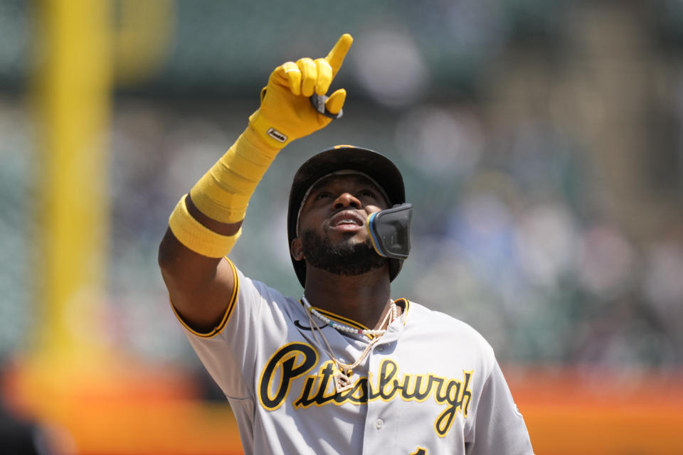 Pittsburgh Pirates' Rodolfo Castro points skyward after his solo home run during the fourth inning of a baseball game against the Detroit Tigers, Wednesday, May 17, 2023, in Detroit. (AP Photo/Carlos Osorio)