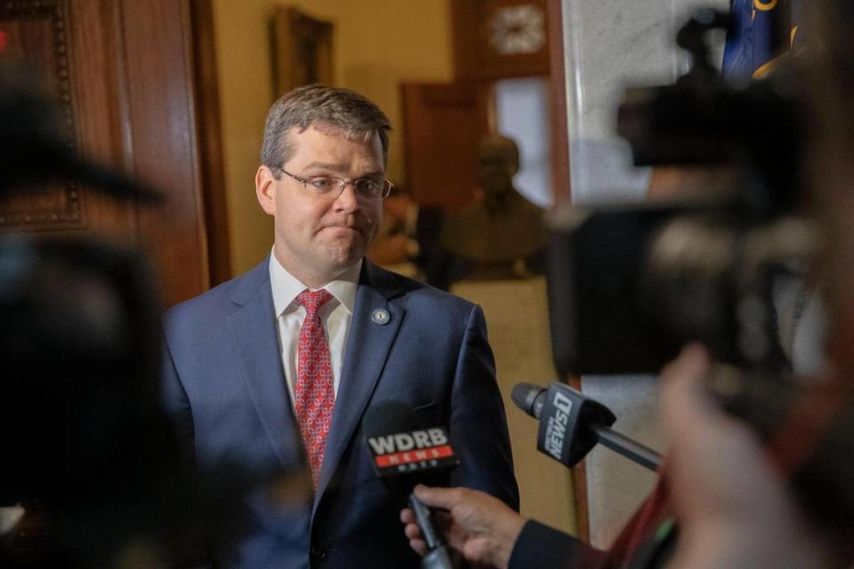 S. Chad Meredith, Kentucky solicitor general, speaks to members of the media after making arguments before the Kentucky Supreme Court at the state Capitol in Frankfort, Ky., on Thursday, June 10, 2021. The stateÕs highest court heard arguments in a case that will decide whether the state legislature can limit BeshearÕs emergency powers.