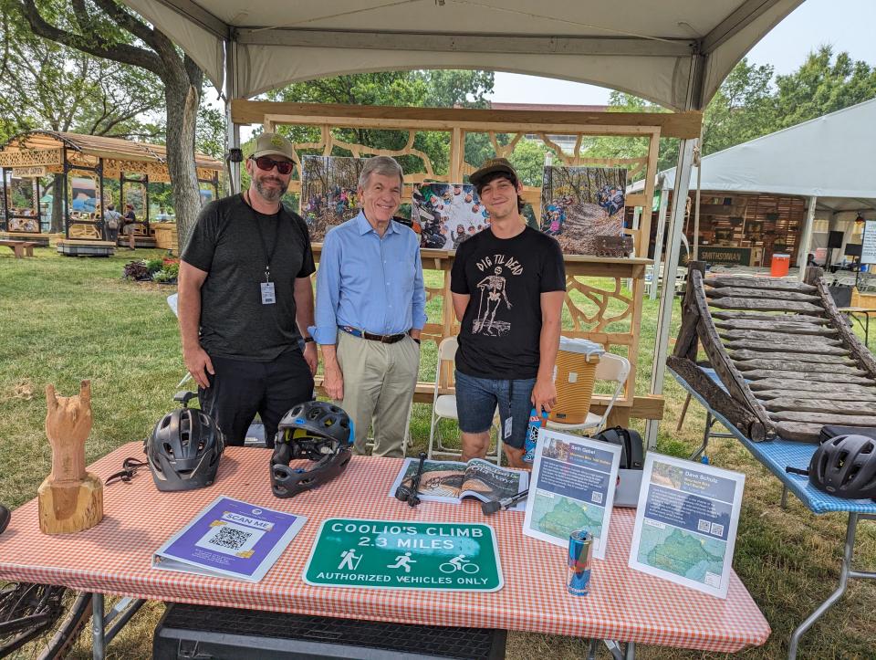From left to right, Dave Schulz of GORC Gravity, Missouri Sen. Roy Blunt and Seth Gebel of Backyard Trail Builds at the Smithsonian Folklife Festival in Washington D.C. in July 2023.