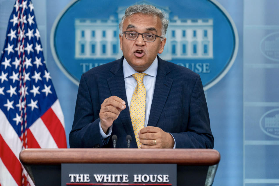 White House Covid Response Coordinator Ashish Jha speaks at a press briefing at the White House in Washington, Friday, July 22, 2022. The Biden administration hopes to make getting a COVID-19 booster as routine as going in for the yearly flu shot. (AP Photo/Andrew Harnik, File)