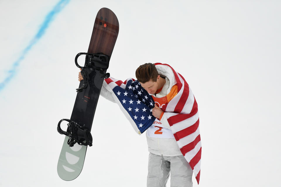 Gold medalist Shaun White of the United States poses during the victory ceremony for the Snowboard Men's Halfpipe Final on day five of the PyeongChang 2018 Winter Olympics at Phoenix Snow Park on February 14, 2018 in Pyeongchang-gun, South Korea.