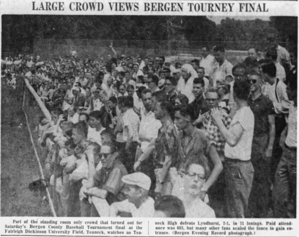 Photo of fans in attendance at inaugural Bergen County baseball tournament championship game, published in Monday, June 8, 1959 edition of the Bergen Evening Record, page 25.