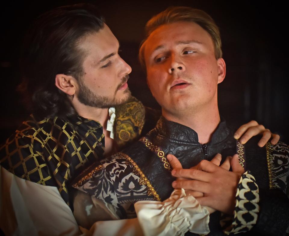 From left, Justin Marlow portrays Christopher "Kit" Marlowe and Tyler John Malinauskas plays William Shakespeare in Oklahoma Shakespeare in the Park's state premiere production of Liz Duffy Adams' "Born with Teeth."