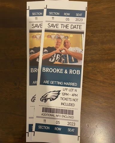 <p>Philadelphia Eagles/Instagram</p> Brooke and Rob Rittner's save-the-date cards were designed like football tickets.