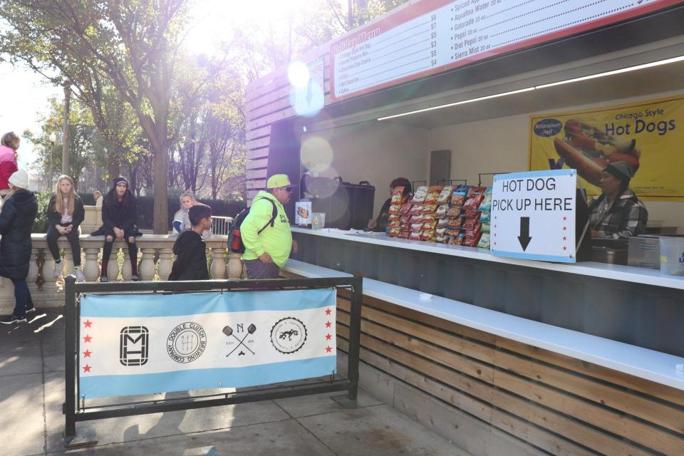 Hot dog stand near Cloud Gate, also known as the Bean, in November 2022.