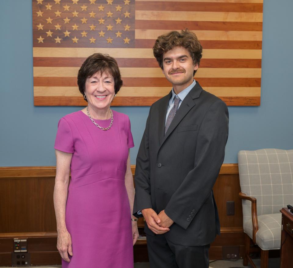 David Temkin poses for a photo with U.S. Senator Susan Collins. Temkin has a fall internship at her Washington, D.C., office.