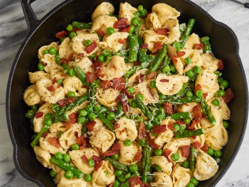 Tortellini with Asparagus, Peas & Crispy Bacon 