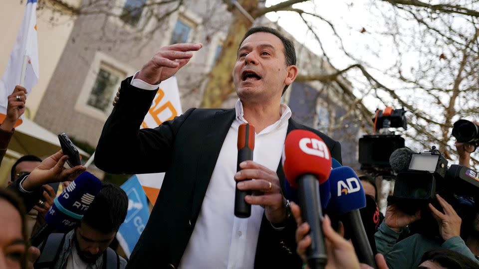 Social Democratic and Democratic Aliance leader Luis Montenegro speaks to supporters during a campaign rally ahead of the snap elections, in Lisbon, Portugal, on February 20. - Pedro Nunes/Reuters