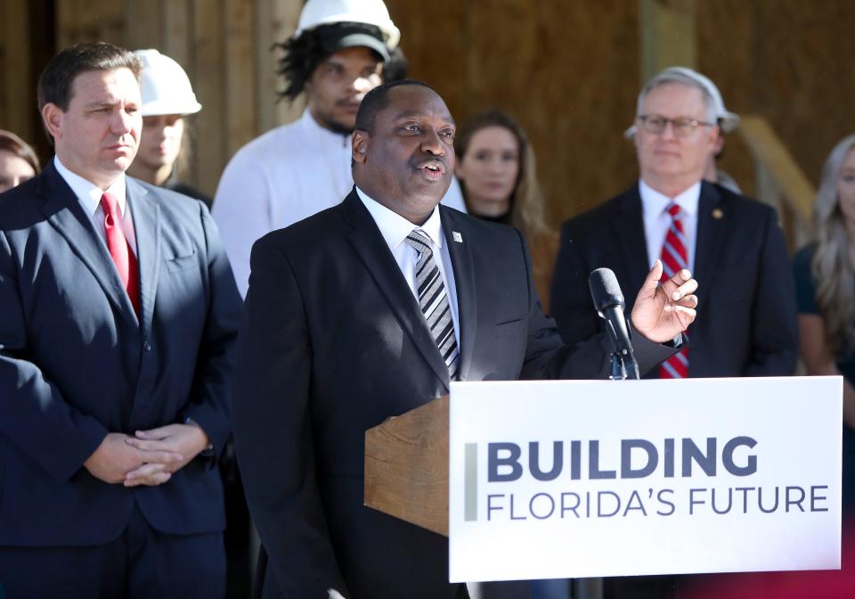 Santa Fe College President Paul Broadie speaks about the career and technical education programs at the college during a press conference with Florida Gov. Ron DeSantis, outside the college's building construction program at Santa Fe College in Gainesville on Feb. 2.