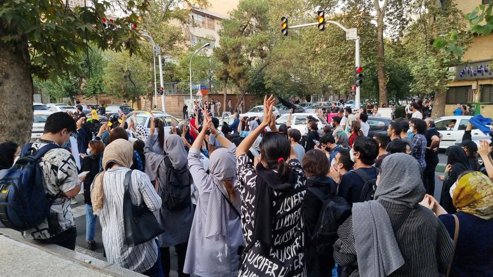 A protest on Sept. 19, 2022, in Tehran, Iran,  against the death of Mahsa Amini, who died after three days in the custody of the morality police.