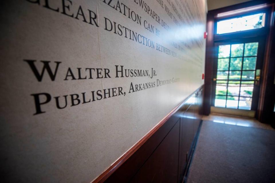 Walter Hussman Jr.’s name appears on a “statement of core values” that can be seen on the wall in the lobby of Carroll Hall in Chapel Hill, N.C., the building housing the Hussman School of Journalism and Media, pictured here on Wednesday, July 14, 2021.