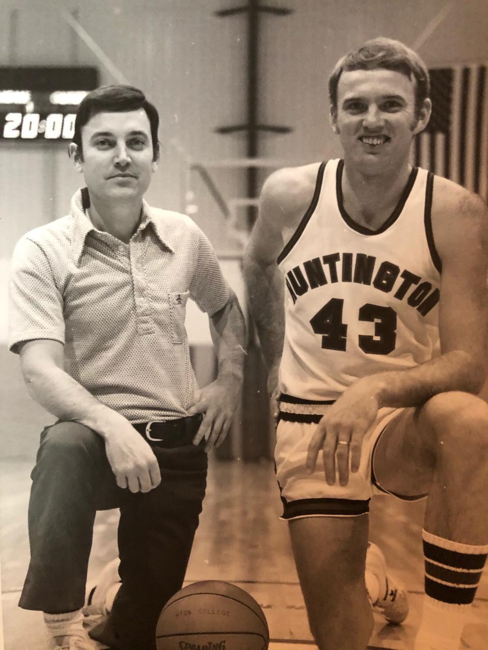 Steve Platt, right, with his coach Keith Spahr at Huntington University. Platt led the nation in scoring his junior and senior seasons.