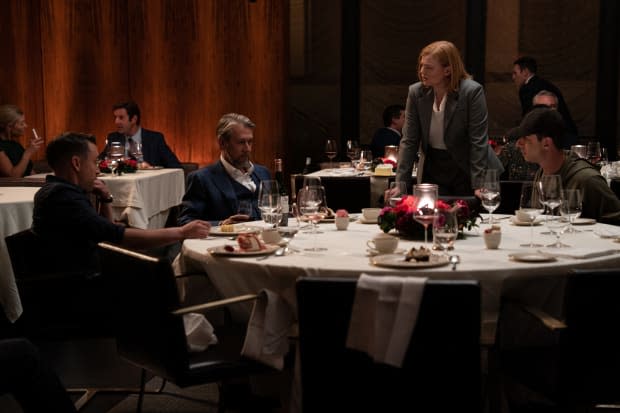 Shiv commands the Roy siblings at Connor's rehearsal dinner in an Altuzarra suit and Lafayette 148 New York blouse. <p>Photo: Macall B. Polay/HBO</p>