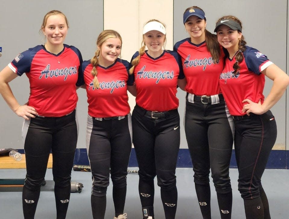 The five players from the Midwest Aftershock that played for the U.S. in The Cup indoor softball tournament in Schiedam, Netherlands, from Jan. 13-15, 2023, pose for a picture. They are, from left to right: Jalyn Yakey; McKenna Morrill; Jenna McIntyre; Maia Carlson; and Morgan Bruno (from Joliet).