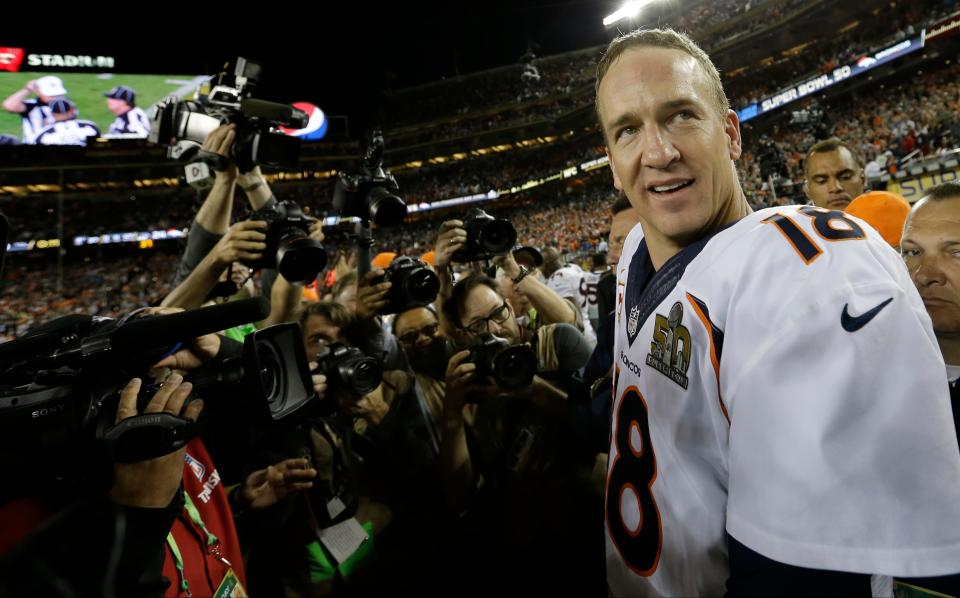 Denver Broncos’ Peyton Manning (18) celebrates after the NFL Super Bowl 50 football game Sunday, Feb. 7, 2016, in Santa Clara, Calif. The Broncos beat the Panthers 24-10.