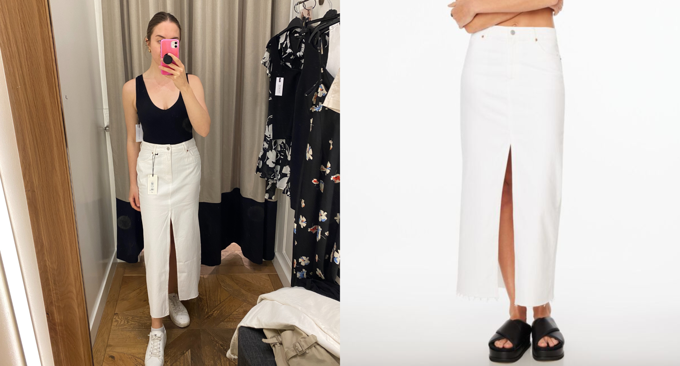 carry-on essentials, split screen of woman wearing black tank top and long white denim skirt and white denim skirt from dynamite