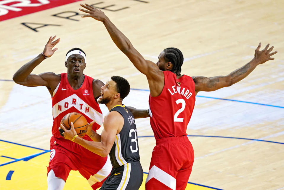 Toronto Raptors forward Pascal Siakam couldn't help but tease Kawhi Leonard during his media availability Sunday. (Kyle Terada-USA TODAY Sports)