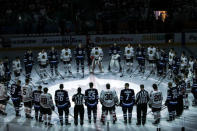 Apr 7, 2018; Winnipeg, Manitoba, CAN; The Winnipeg Jets and Chicago Blackhawks observe a minute of silence for the Humboldt Broncos before the first period at Bell MTS Place. Mandatory Credit: Terrence Lee-USA TODAY Sports